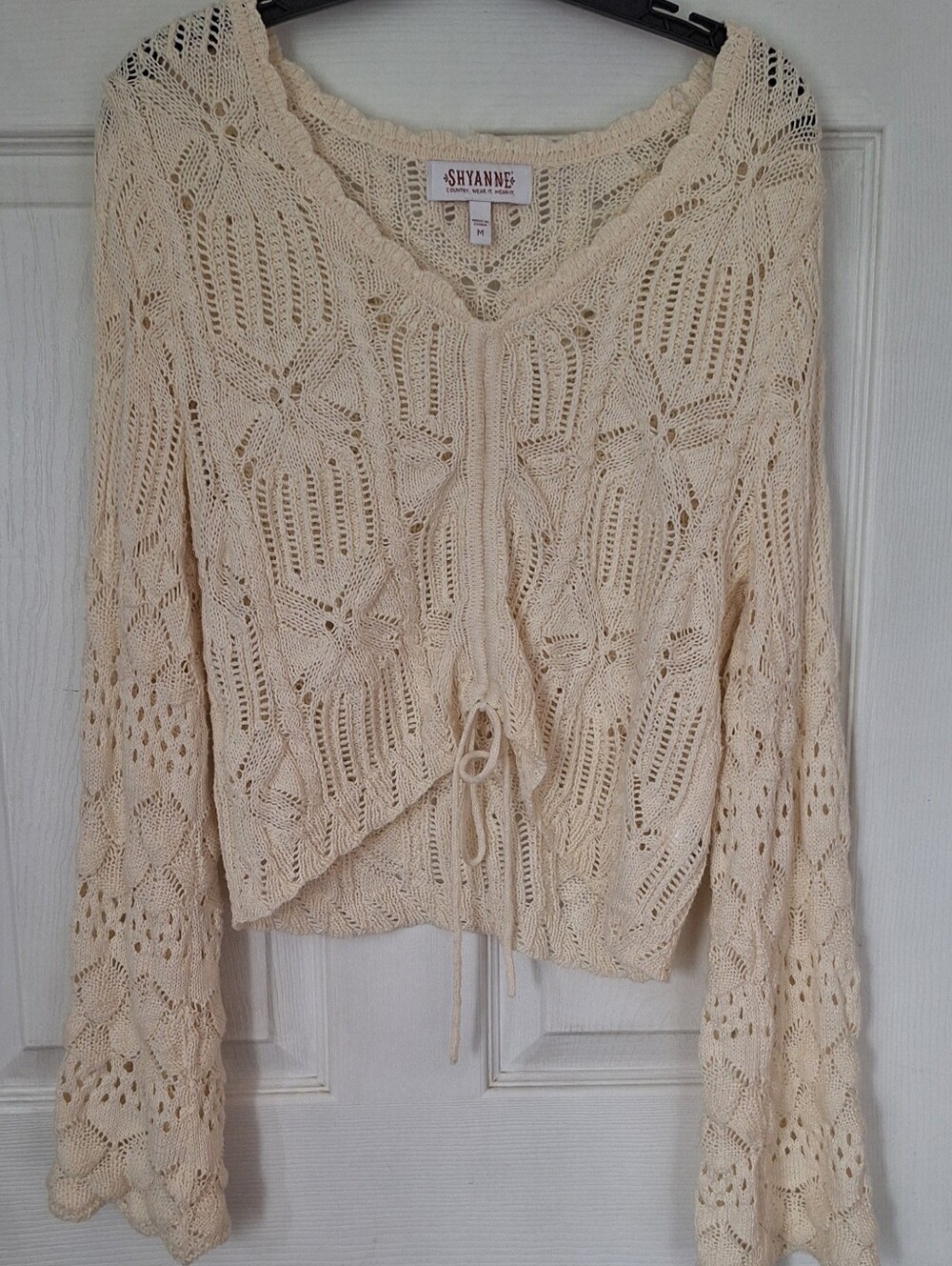 Shyanne Cream Open Knit Tie Front Bell Sleeve Sweater Size Medium